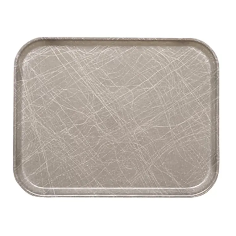 A rectangular, metallic Camtray with rounded corners and raised edges. Its surface bears numerous intersecting scratches from frequent use. This high-impact fiberglass tray is photographed from above on a plain white background.