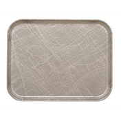A rectangular, metallic Camtray with rounded corners and raised edges. Its surface bears numerous intersecting scratches from frequent use. This high-impact fiberglass tray is photographed from above on a plain white background.