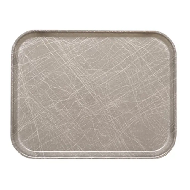 A rectangular, metallic Camtray with rounded corners and raised edges. Its surface bears numerous intersecting scratches from frequent use. This high-impact fiberglass tray is photographed from above on a plain white background.