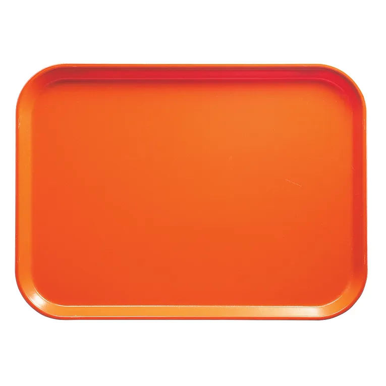 A rectangular orange Camtray with rounded corners and a shallow raised edge, photographed from above on a white background. The tray is empty, has a smooth, glossy surface, and is dishwasher safe for easy cleaning.