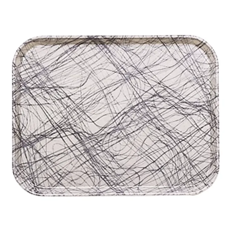 A Camtray rectangular tray with rounded corners, crafted from high-impact fiberglass, features a white background covered in overlapping black lines and scribbles for a chaotic, abstract look. NSF certified for quality assurance.