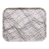 A Camtray rectangular tray with rounded corners, crafted from high-impact fiberglass, features a white background covered in overlapping black lines and scribbles for a chaotic, abstract look. NSF certified for quality assurance.