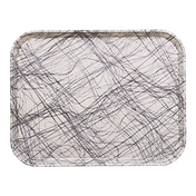 A Camtray rectangular tray with rounded corners, crafted from high-impact fiberglass, features a white background covered in overlapping black lines and scribbles for a chaotic, abstract look. NSF certified for quality assurance.