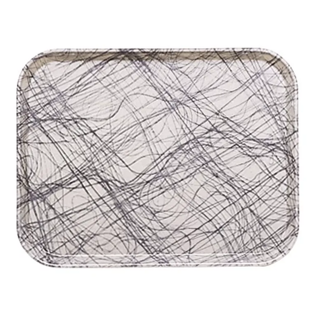 A Camtray rectangular tray with rounded corners, crafted from high-impact fiberglass, features a white background covered in overlapping black lines and scribbles for a chaotic, abstract look. NSF certified for quality assurance.
