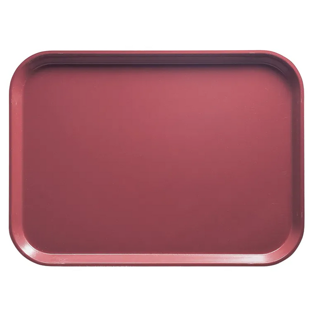A rectangular fiberglass tray with rounded corners, shown from above. The tray is a solid, muted maroon color with a smooth, slightly glossy surface and raised edges. Durable and dishwasher safe, it stands out against the white background.