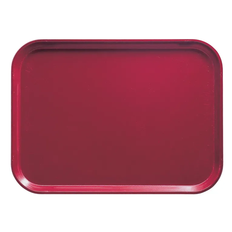 A rectangular, deep red Camtray with rounded corners and a slightly raised edge, set against a plain white background. This high-impact fiberglass tray has a smooth, glossy surface and is dishwasher safe, with no visible decorations or handles.