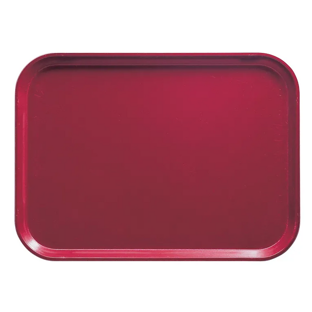 A rectangular, deep red Camtray with rounded corners and a slightly raised edge, set against a plain white background. This high-impact fiberglass tray has a smooth, glossy surface and is dishwasher safe, with no visible decorations or handles.