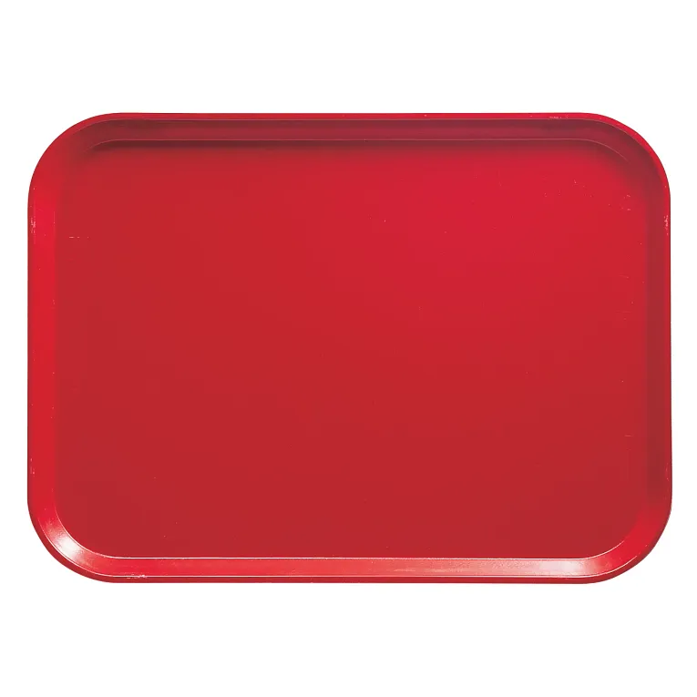 A rectangular, bright red Camtray serving tray with rounded corners and slightly raised edges, photographed from above against a white background. This high-impact fiberglass tray is plain, unadorned, and features a smooth, glossy surface.