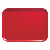 A rectangular, bright red Camtray serving tray with rounded corners and slightly raised edges, photographed from above against a white background. This high-impact fiberglass tray is plain, unadorned, and features a smooth, glossy surface.