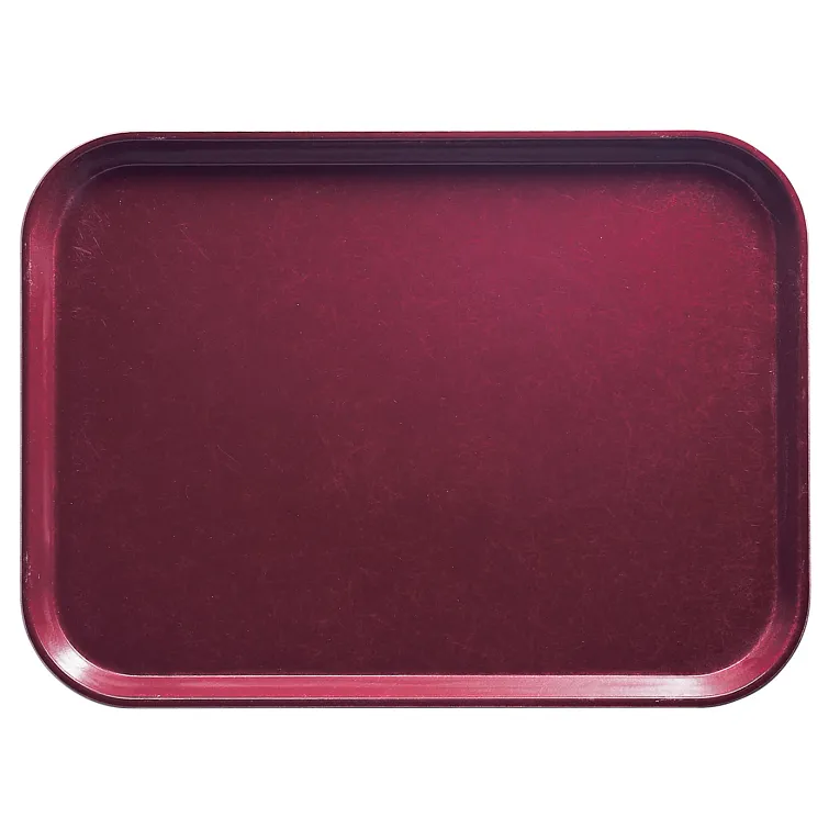 A rectangular, dark red Camtray cafeteria tray with rounded corners and slightly raised edges, made from high-impact fiberglass and photographed from above against a plain white background. The dishwasher safe tray has a matte finish with some visible surface scratches.