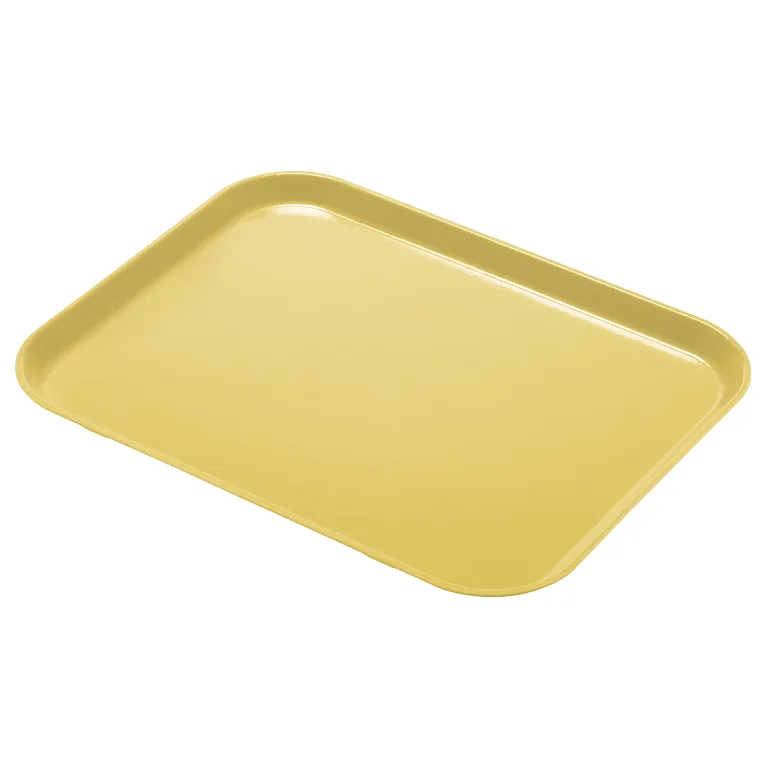 A rectangular, light yellow Camlite Tray with rounded corners and slightly raised edges. The smooth, glossy surface reflects its NSF-certified quality, and the tray is shown on a plain white background, angled slightly to the side.