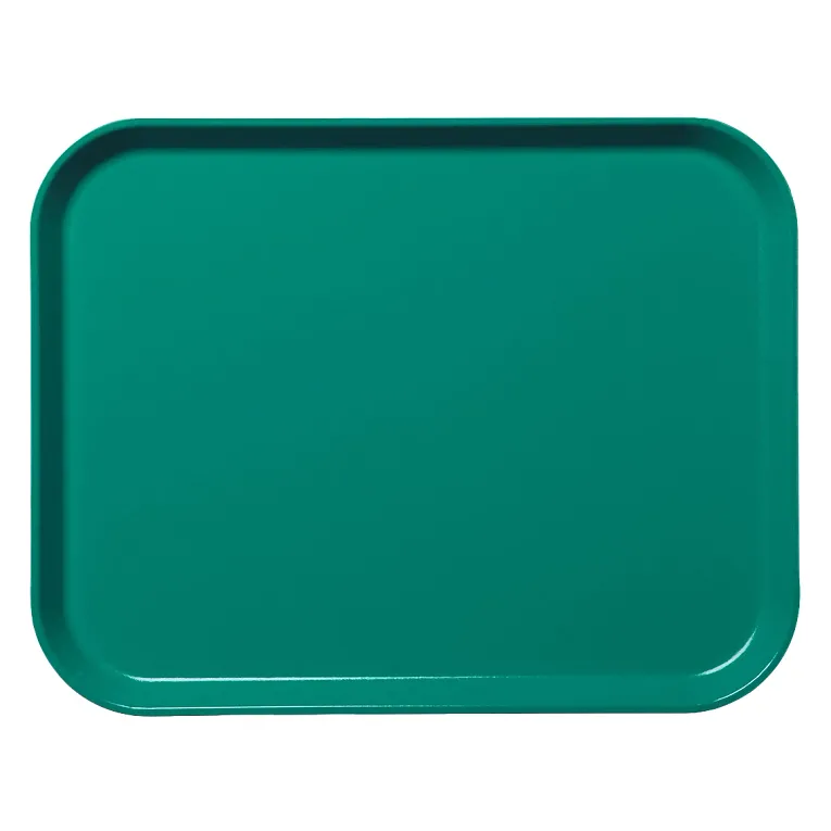 A plain, rectangular fiberglass tray with rounded corners is shown from above. The solid teal green Camlite Tray features a slightly raised edge, a smooth, glossy finish, and is dishwasher safe. The background is white.