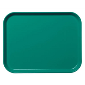 A plain, rectangular fiberglass tray with rounded corners is shown from above. The solid teal green Camlite Tray features a slightly raised edge, a smooth, glossy finish, and is dishwasher safe. The background is white.