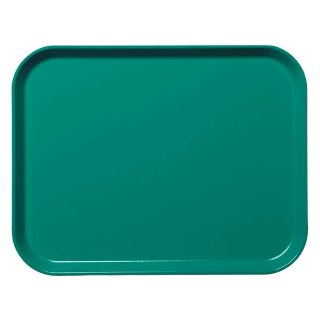 A plain, rectangular fiberglass tray with rounded corners is shown from above. The solid teal green Camlite Tray features a slightly raised edge, a smooth, glossy finish, and is dishwasher safe. The background is white.
