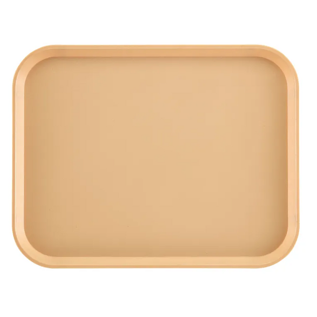 A plain, rectangular tan Camwear Tray with rounded corners and slightly raised edges. The smooth, unadorned surface is made of durable polycarbonate, NSF certified, and photographed from above against a white background.