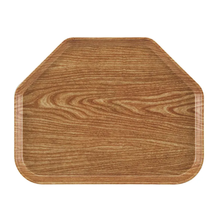 A rectangular Camtray with rounded corners and angled top edges, featuring a woodgrain pattern in light and medium brown tones. This high-impact fiberglass tray has a smooth, glossy finish and flat surface, resembling natural wood.