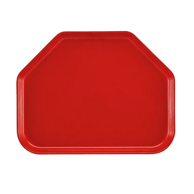 A red Camtray made of high-impact fiberglass, featuring three straight sides and two angled corners at the top for a partial octagon shape. Its smooth, glossy surface and slightly raised rim stand out against the white background. Dishwasher safe.