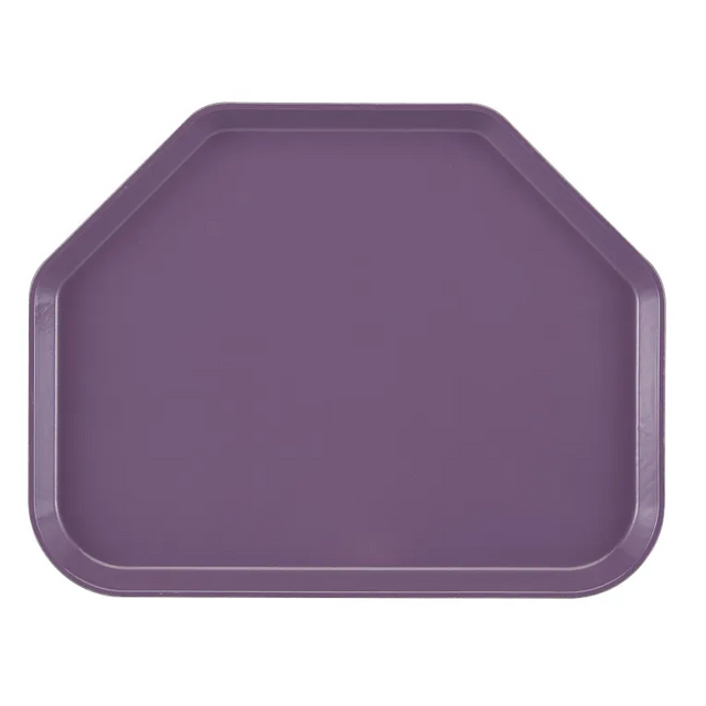 A purple Camtray serving tray with rounded corners and two angled sides on the top left and right creates an irregular octagonal shape. Made from high-impact fiberglass, it's durable, smooth, dishwasher safe, and has slightly raised edges to prevent spills.