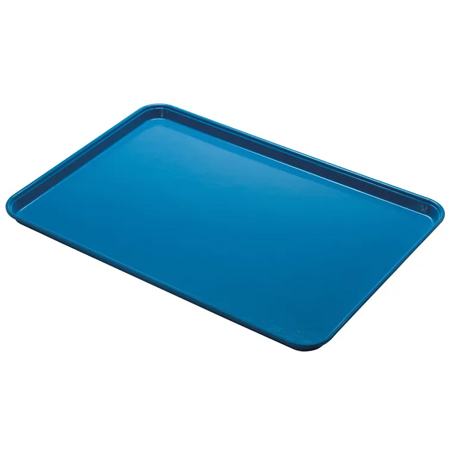 A blue, rectangular Camlite Tray with shallow raised edges sits on a white background. The NSF-certified tray is empty and angled slightly, showing its smooth, glossy surface and rounded corners.