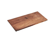 A rectangular, flat walnut display shelf with a smooth finish and visible natural wood grain patterns, including a central knot; the edges show slight notches, and the board rests on a white background.