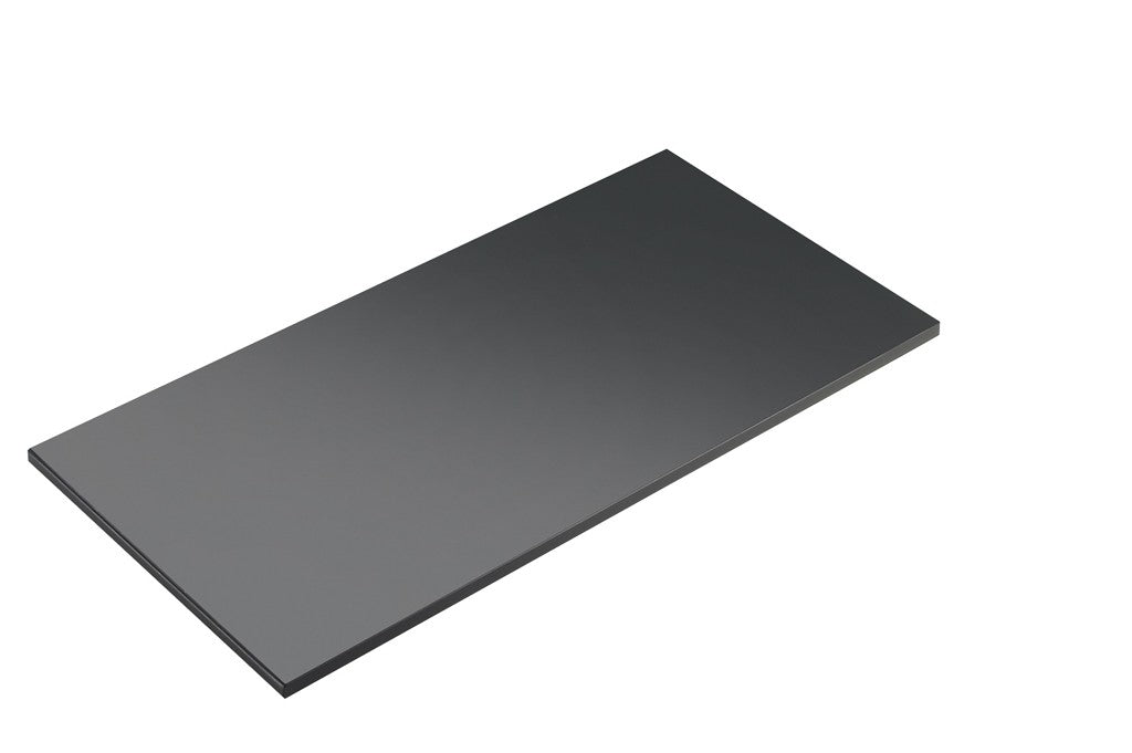 A rectangular, flat, dark gray metal sheet is shown on a white background, resembling the sleek surface of a Cal-Mil Midnight Bamboo Display Shelf. The sheet is angled to highlight its thinness and smooth finish, with no visible markings or features.