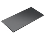 A rectangular, flat, dark gray metal sheet is shown on a white background, resembling the sleek surface of a Cal-Mil Midnight Bamboo Display Shelf. The sheet is angled to highlight its thinness and smooth finish, with no visible markings or features.