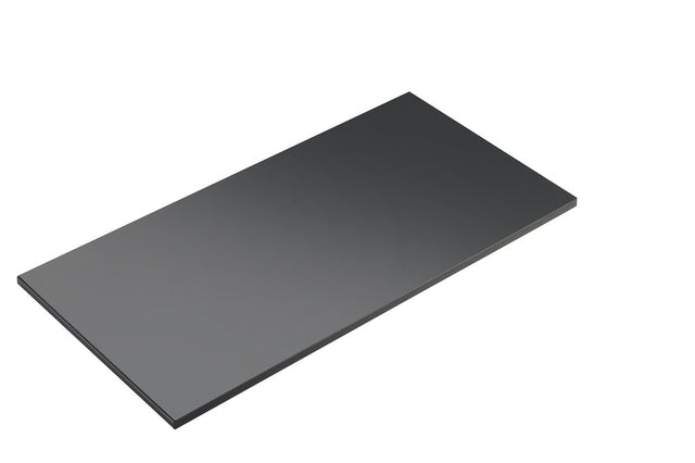 A rectangular, flat, dark gray metal sheet is shown on a white background, resembling the sleek surface of a Cal-Mil Midnight Bamboo Display Shelf. The sheet is angled to highlight its thinness and smooth finish, with no visible markings or features.