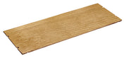A rectangular Cal-Mil Madera Display Shelf featuring a smooth, light brown surface with visible wood grain patterns. The straight edges and small notches on the shorter sides evoke a touch of rustic pine design for versatile use.