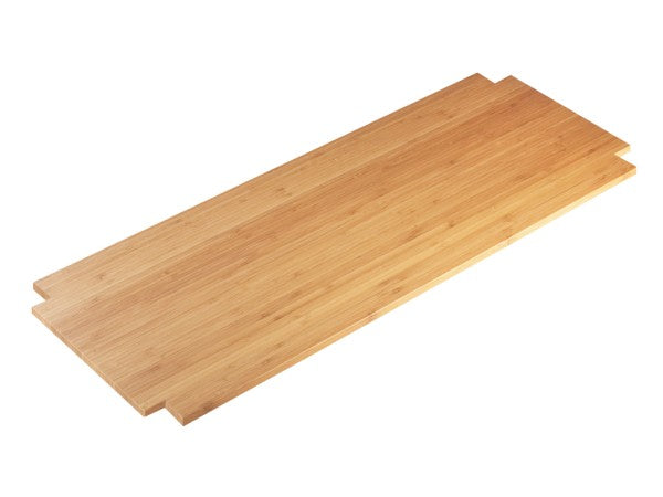 A rectangular, light brown bamboo plank with a smooth finish and straight grain. The Cal-Mil display shelf has two notched corners on the left and two matching notches on the right for interlocking. The background is plain white.