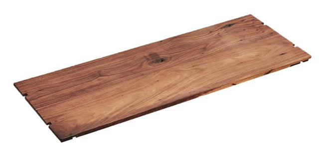 A rectangular wooden board, reminiscent of a Mid-Century Display Shelf, features a smooth surface with natural grain patterns and knots in varying brown tones. Its notched corners add detail, while the board is photographed against a plain white background.