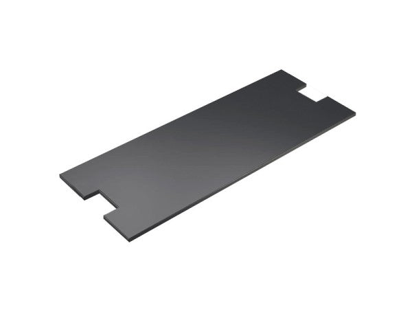 A flat, rectangular black metal plate with a matte finish—perfect for a Midnight Bamboo Display Shelf. One short edge features two rectangular notches and a small centered cutout, while the opposite edge is straight and smooth. Plain white background.