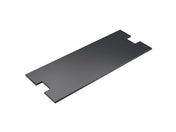 A flat, rectangular black metal plate with a matte finish—perfect for a Midnight Bamboo Display Shelf. One short edge features two rectangular notches and a small centered cutout, while the opposite edge is straight and smooth. Plain white background.