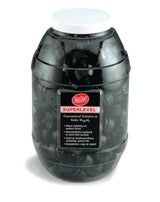 A large clear Cash & Carry Display Jar with a white lid, filled with black Superlevel table wobble stoppers. The label highlights their 500 lb. capacity and features like vibration stopping, easy installation, and reliable table glides.
