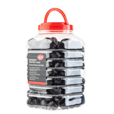 A large clear Cash & Carry Display Jar with a red handle, filled with black table glides or levelers. A black and red label reads “SUPERLEVEL Table Glide/Leveler 500 lb. capacity” with product information in white text.