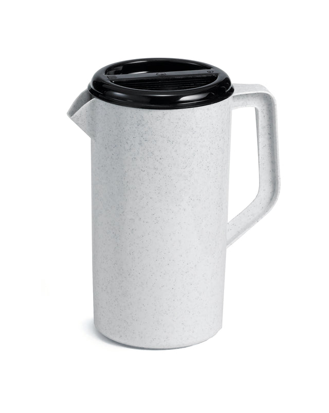 A speckled white BPA free plastic pitcher with a handle and black lid. The pitcher has a spout for easy pouring, and the lid fits securely on top. Dishwasher safe, it’s set against a white background.