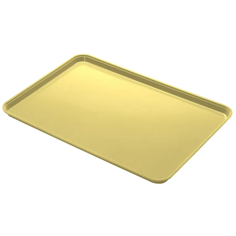 A rectangular, pale yellow Camlite Tray with raised edges and rounded corners is shown on a plain white background. The NSF certified tray’s surface is smooth and glossy, and it is empty. The tray is viewed at an angle from above.