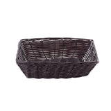 A rectangular, dark brown hand-woven wicker basket with an open top and no handles, featuring a woven pattern and slightly raised edges, set against a plain white background.