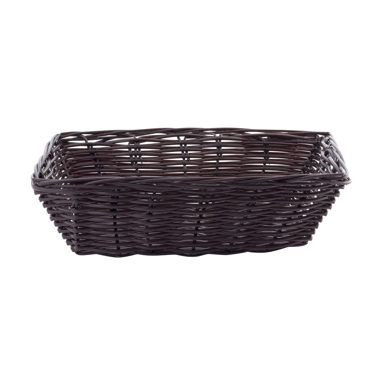 A rectangular dark brown hand-woven basket with a woven pattern, featuring slightly flared sides and a flat base, set against a plain white background. The basket appears empty and is made of interlaced strips.