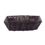 A rectangular dark brown hand-woven basket with a woven pattern, featuring slightly flared sides and a flat base, set against a plain white background. The basket appears empty and is made of interlaced strips.