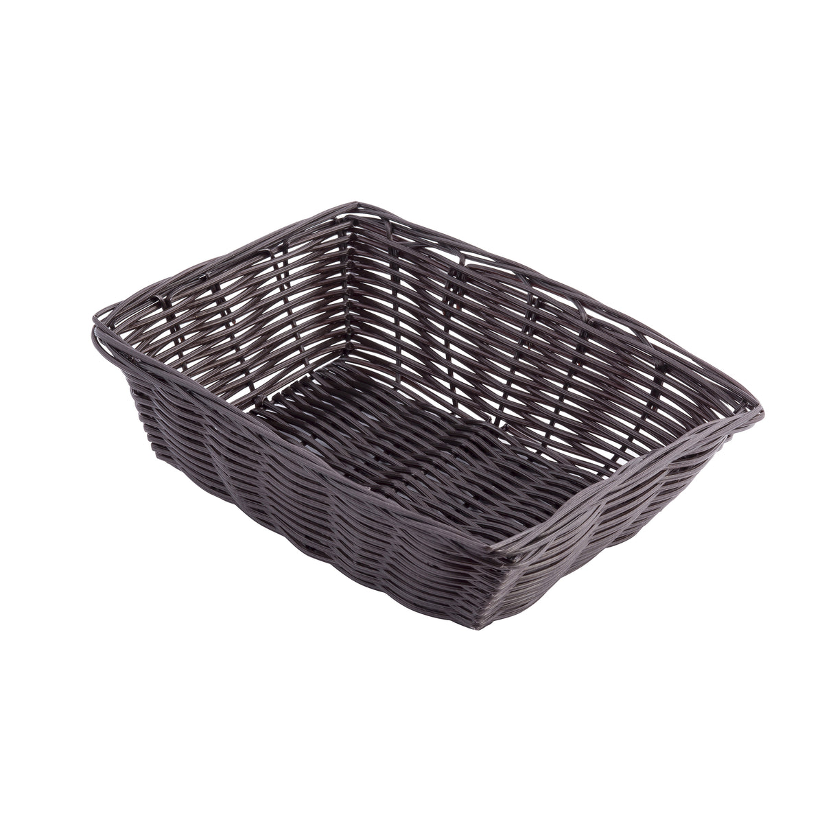 A rectangular, dark brown hand-woven basket with raised sides and an open top. Made from polypropylene, the basket features a woven pattern and is empty, set against a plain white background.