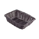 A rectangular, dark brown hand-woven basket with raised sides and an open top. Made from polypropylene, the basket features a woven pattern and is empty, set against a plain white background.