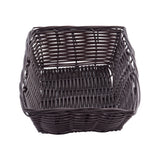 A square, empty hand-woven basket made of dark brown polypropylene is shown against a white background. The basket has slightly curved edges and an open top, with visible gaps between the woven strands.