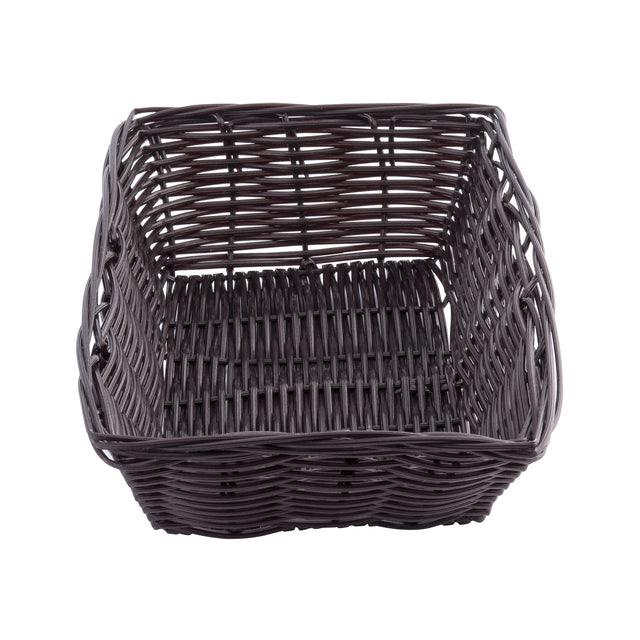A square, empty hand-woven basket made of dark brown polypropylene is shown against a white background. The basket has slightly curved edges and an open top, with visible gaps between the woven strands.