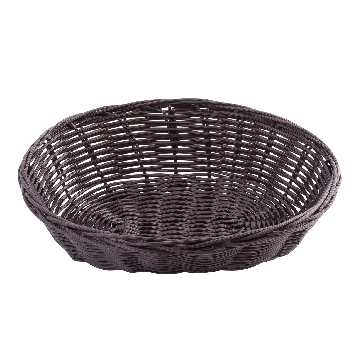 A round, empty basket hand-woven from dark brown polypropylene cord. The basket features a woven pattern with open slats on the sides and a solid, tightly woven base, photographed against a white background.