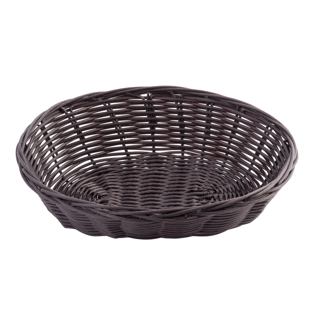 A round, empty basket hand-woven from dark brown polypropylene cord. The basket features a woven pattern with open slats on the sides and a solid, tightly woven base, photographed against a white background.