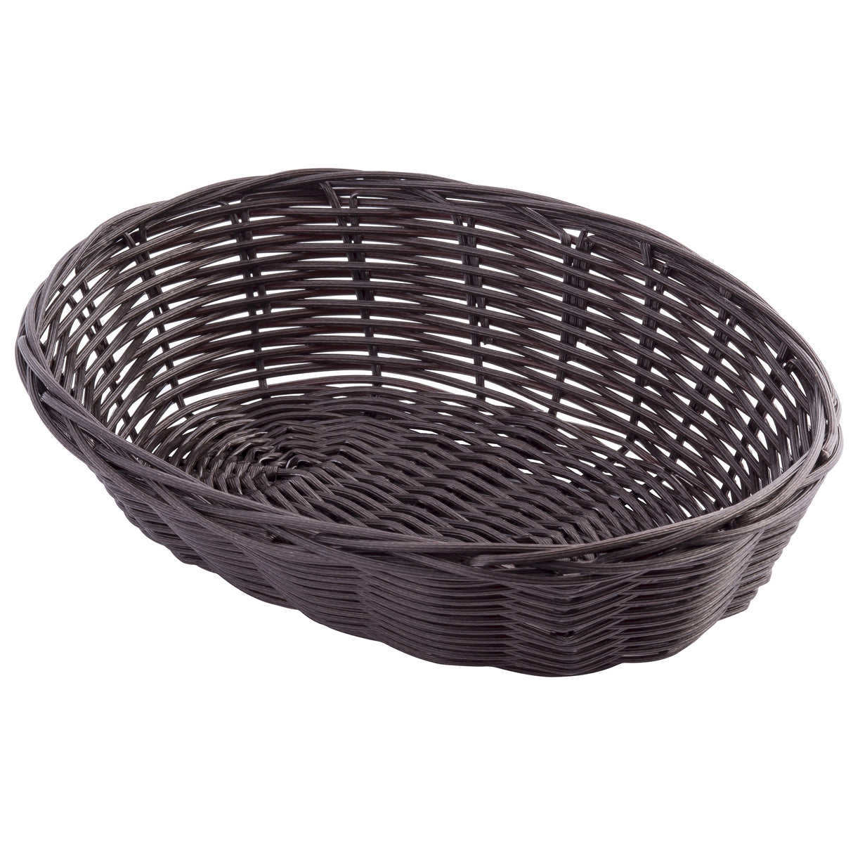 A dark brown, oval-shaped wicker basket with an open weave and slightly raised sides, shown empty on a white background. This hand-woven basket has a rustic, handcrafted appearance and is perfect for holding bread, fruits, or other items.