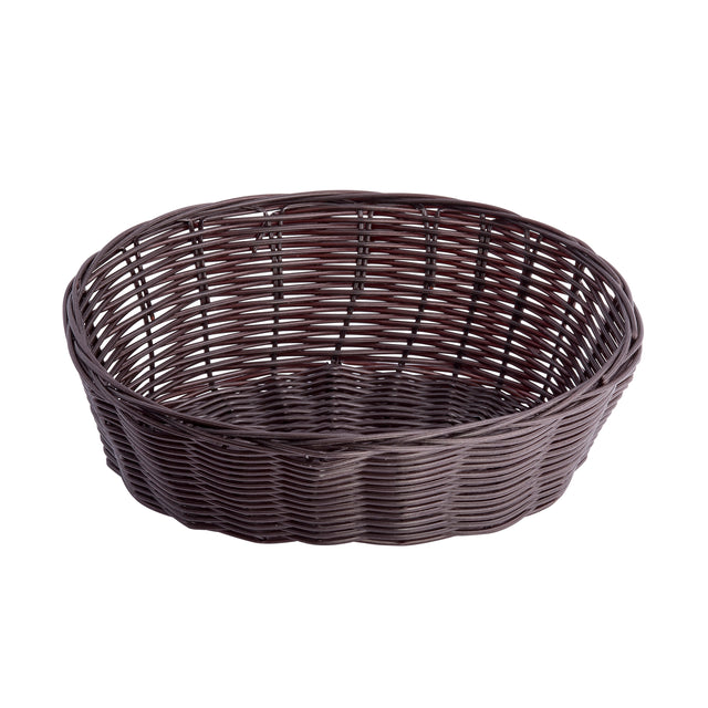 A round, empty, dark brown hand-woven basket with an open weave design and a slightly flared rim, placed against a white background.
