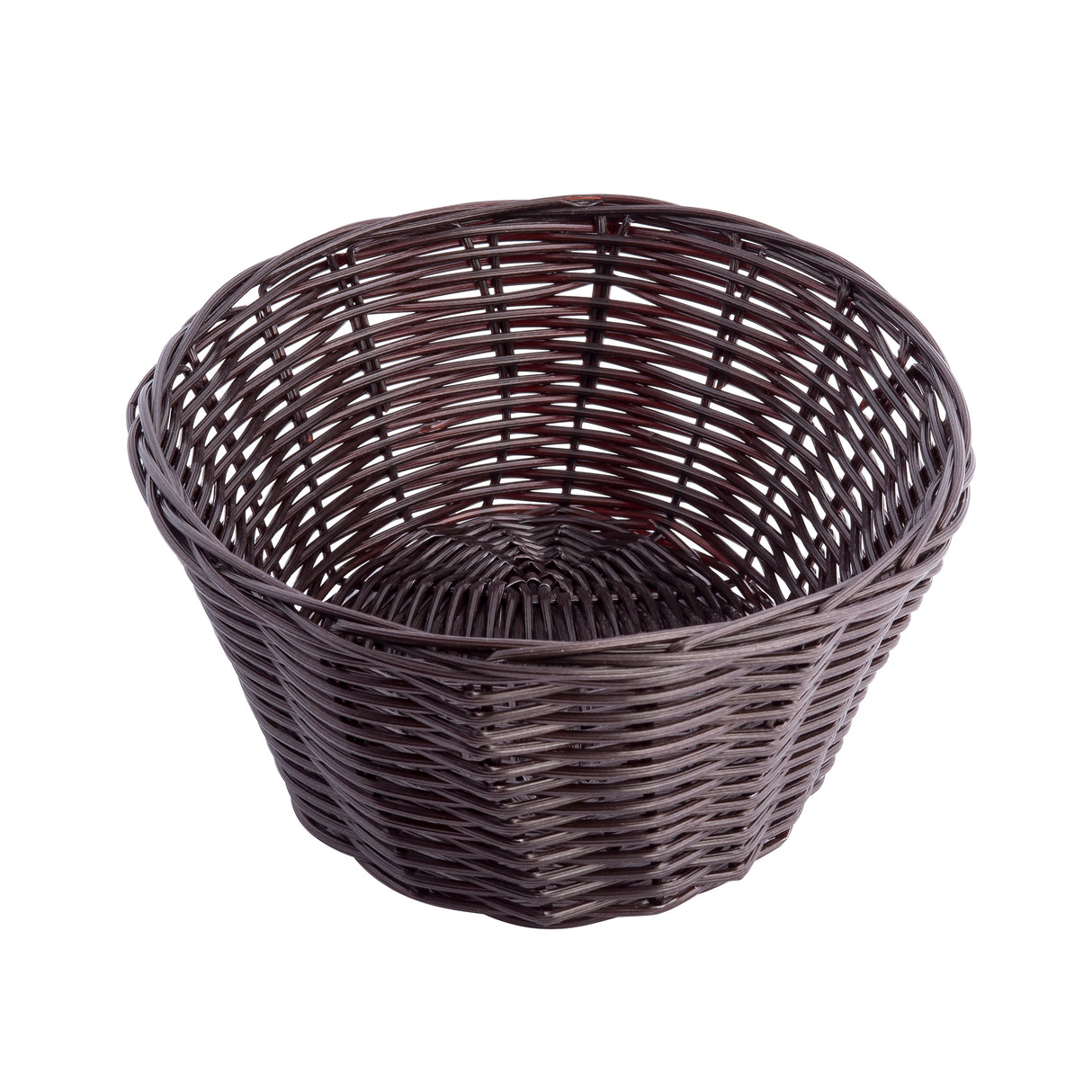 A round, empty hand-woven basket made of dark brown material is shown on a white background. The basket has a wide opening, sturdy base, and visible weaving patterns with gaps between the strands.