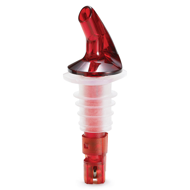 A red and clear plastic 1 oz. pourer with a curved spout, ribbed translucent body for a secure fit in bottle necks, and a small measuring mechanism at the base; ideal for controlled pouring of liquids like alcohol or syrup.