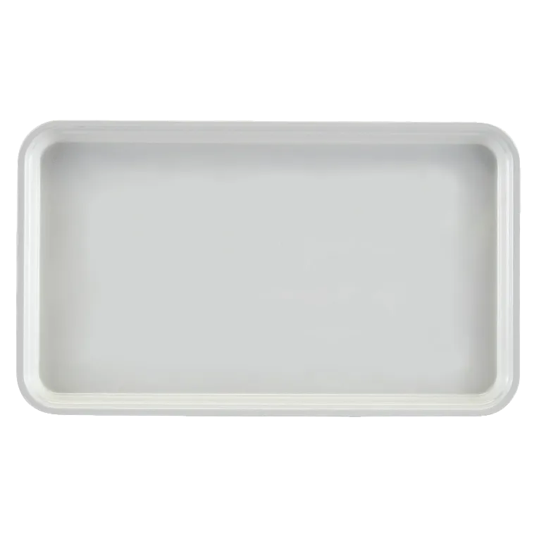 A rectangular, shallow, white Camtray with rounded corners and raised edges, made of high-impact fiberglass and dishwasher safe, is placed on a plain light gray background. The tray is empty and viewed from above.